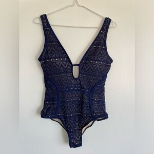 Shein Navy Crotchet Pattern One Piece Bathing Suit - Size Medium